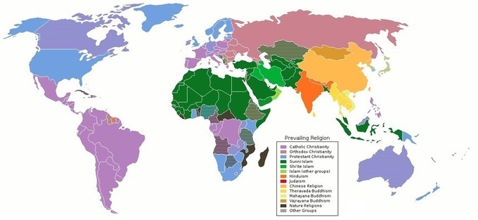 Religiones principales y su distribución en el mundo. Fuente: Wikimedia Commons.